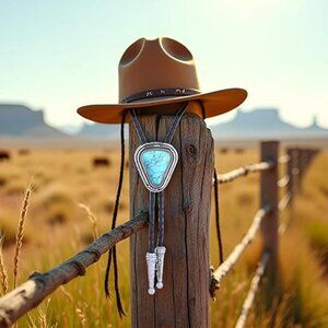Bolo Tie Rodeo Cowboy Leather Necktie Western Necklace w Turquoise Pendant